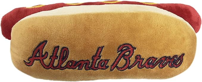 MLB Atlanta Braves Plush Dog Toys - Stadium Theme Snacks - Cutest Plush HOT-Dog Toy for Dogs & Cats with Inner Squeaker & Premium Embroidery of Baseball Team Name/Logo