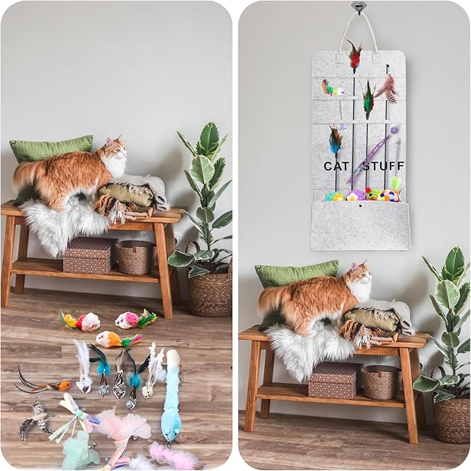 ZAVOOS 2 Pack Cat Wand Toy Storage Bag, Hanging Cat Teaser Holder for Neatly Organization, Durable Feather Pet Toy Organizer Bag with Handle for Indoor Pet Supplies, Feline Safety