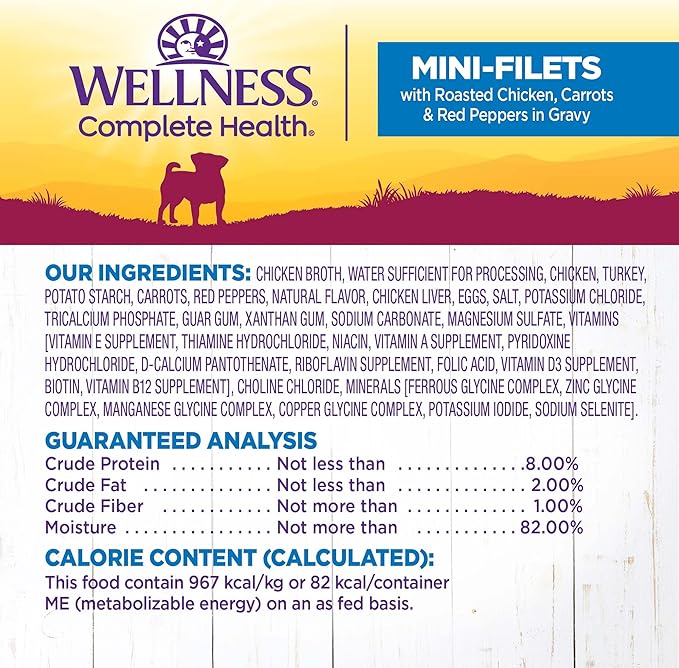Wellness Petite Entrees Mini Filets Small Breed Adult Wet Dog Food, Grain Free, Natural, Roasted Chicken, Carrots, and Red Peppers, 3 oz, Pack of 12 Cups