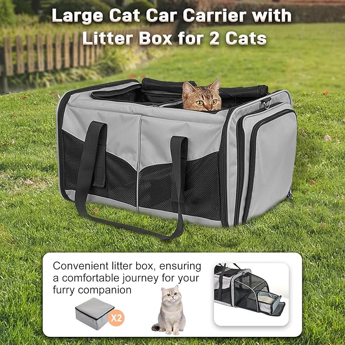 A.FATI Cat Carrier for 2 Cats, Pet Carrier for Multi-Cat Families & Small Dog, Expandable Double Soft Sided Carrier with 2 Litter Boxes, Pet Travel Carrier for Travel, Vet Visits & Home Use