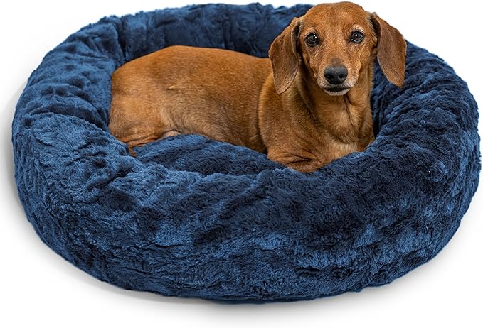 Best Friends by Sheri The Original Calming Donut Dog Bed for Small Dogs up to 25 lbs, Lux Faux Fur, Navy Blue, 23" x 23"