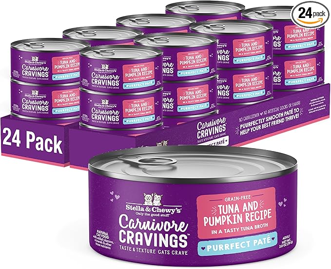 Stella & Chewy's Carnivore Cravings Purrfect Paté - Premium Grain-Free Wet Cat Food - Tuna & Pumpkin Recipe - High Protein with Bone Broth - Perfect for Picky Eaters - 2.8oz Cans (24 Pack)