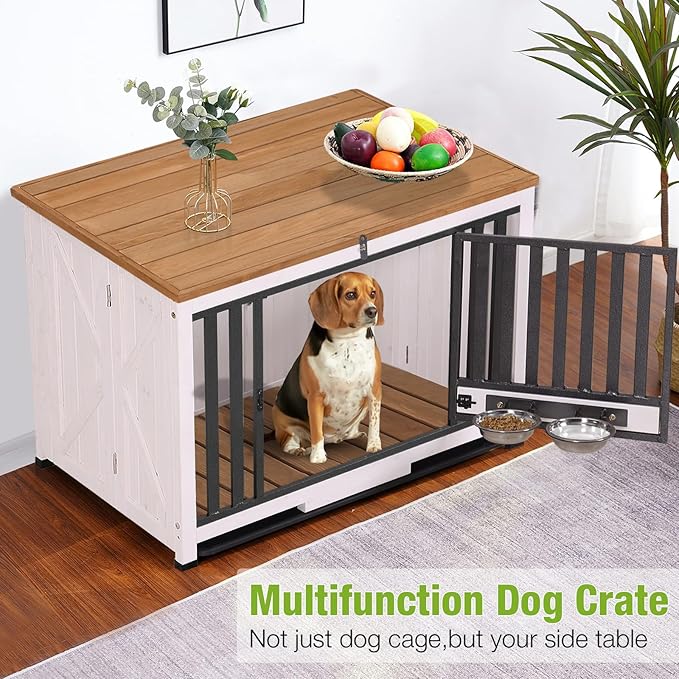 GUTINNEEN Dog Crate Furniture Foldable Dog Kennel for Small Medium Dogs Large Solid Wood Dog House with Bowl Heavy Duty Dog Cage End Table