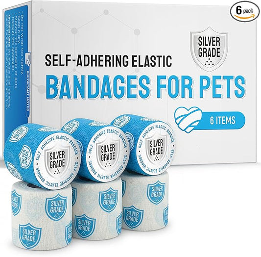 SILVER GRADE Vet Wrap for Dogs, Cats, Horses – 6 Elastic Self-Adhesive Bandages to Protect from Licking – Dog Bandage for Wounds – Natural Rubber Latex Wrap for All Breeds – 2-inch Rolls