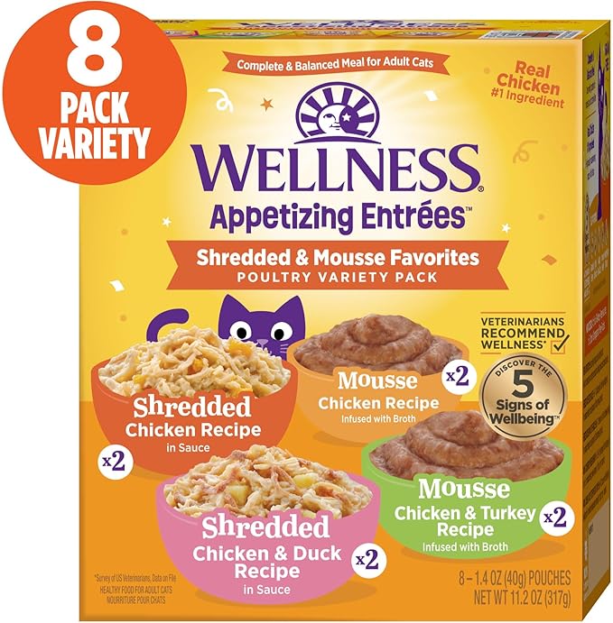 Wellness Appetizing Entrées Shredded and Mousse Variety Pack Adult Wet Cat Food, Natural, Protein Rich, Grain Free, Poultry Recipes, 1.4 oz, Pack of 8 Pouches