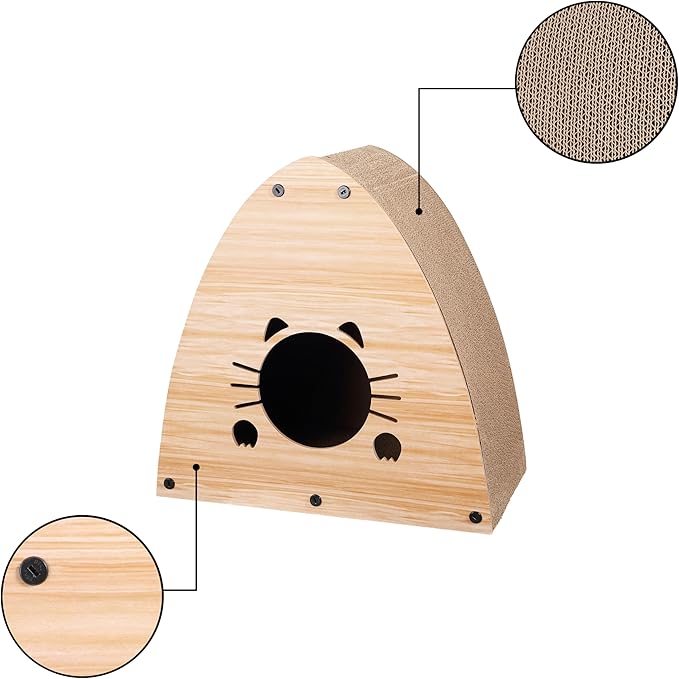 CSR1006H Koko 19" Modern Cardboard Triangle Cat Cave Scratcher with Catnip, Brown Wood Pattern, 2-in-1 Corrugated Cat House Hideaway & Scratching Board for Cats, Space-Saving