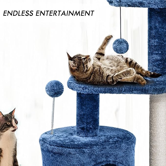ClevaHome Small Deep Denim Blue Cat Tree for Small Spaces, Kittens, 33.5" Multi-Level Condo with Sisal Scratching Post, Plush Perches & Interactive Pompom Toy for Indoor Cats