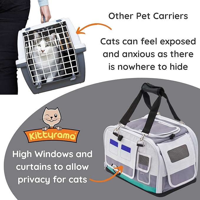 Kittyrama Soft-Sided Airline Approved Cat Carrier with Expandable Hideaway | Escape-Proof SBS Self-Locking Zippers | 22 lb Capacity | Vet Approved | Top & Side Entry | 17×11×11 in