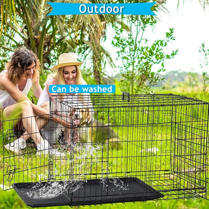 Folding Dog Crate 36" Metal Portable Outdoor Double Door Wire Large Cat Pet Dog Cage Kennel with ABS Tray LC & Divider, Black