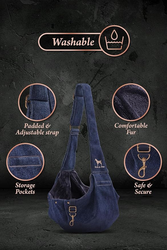 Noah & Paw Dog Sling Carrier for Small Dogs 5-18lb, Dog Sling for Small Dogs and Cats, Dog Carrier with Adjustable Padded Strap, Premium Denim, Lined with Fur, Double Safety Feature, Machine Washable