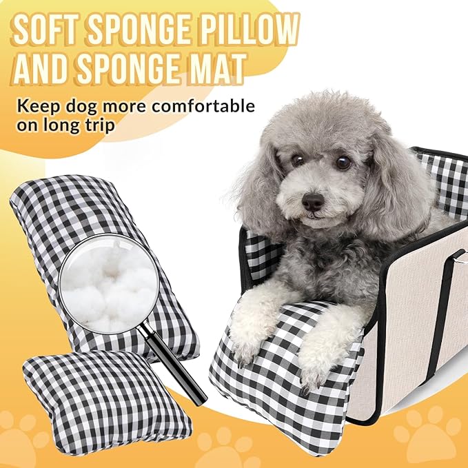 SlowTon Console Dog Car Seat - Portable Dogs Armrest Booster Seat for Small Dog, Anti-Collapse Pet Car Seat with Soft Cushion Safety Belt, Support Pet Up to 11lbs(Beige)