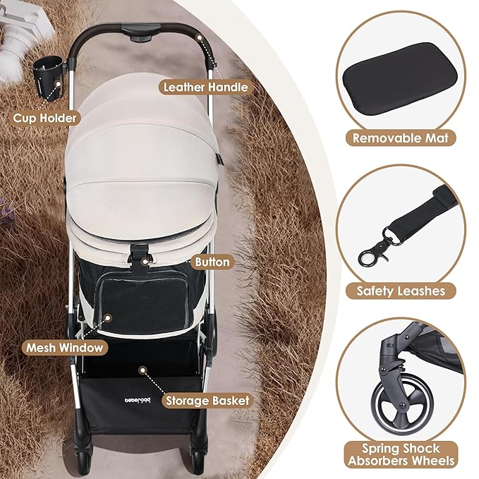 T4 PRO Pet Stroller for Small Medium Dogs, Cat Strollers for 2 Cats, 4 Wheels Folding Pet Stroller for Cats with Pad, Canopy and Cup Holder, Beige