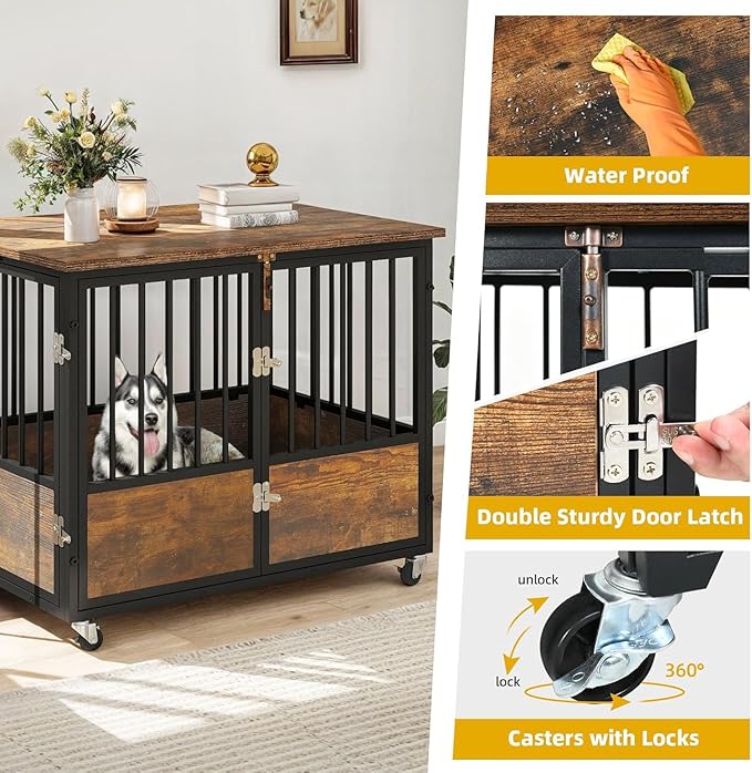 DWVO Dog Crate Furniture with Wheels, 38 Inch Dog Kennel Indoor Furniture End Table Dog Crate for Dogs, Farmhouse Decorative Wooden Dog Cage Table with Double-Doors, Chew-Resistant, Rustic Brown