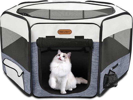 Seiyierr Dog Playpen, Portable Pet Play Pen Foldable Carrying Case, Puppy Pens Outsid for Small Cat Indoor/Outdoor, Removable Mesh Shade Cover