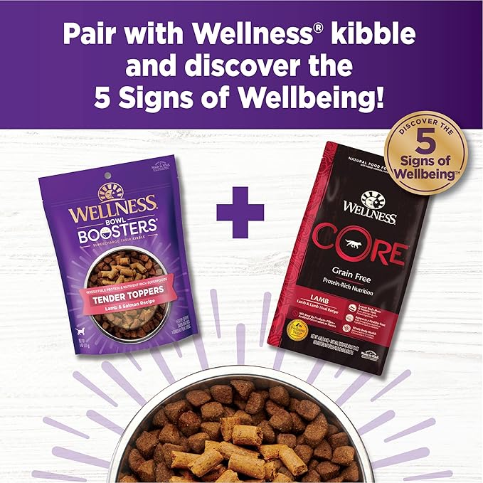Wellness Bowl Boosters Tender Toppers Dog Food Topper for Small, Medium, and Large Breeds, Grain Free, Natural, Lamb and Salmon Recipe, 8 oz Bag