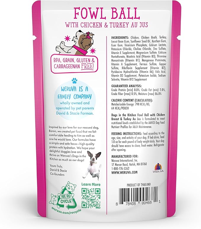 Weruva Dogs in the Kitchen, Fowl Ball with Chicken Breast & Turkey Au Jus Dog Food, 2.8oz Pouch (Pack of 12)