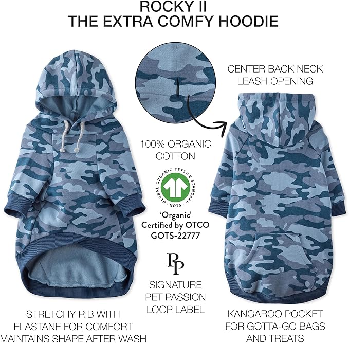 Pet Passion Rocky II - The Extra Comfy Hoodie, Organic Cotton and Recycled Poly Dog Hoodie Pet Coat Sweater for Small, Medium, Large Dogs, Navy Camo, XX-Large