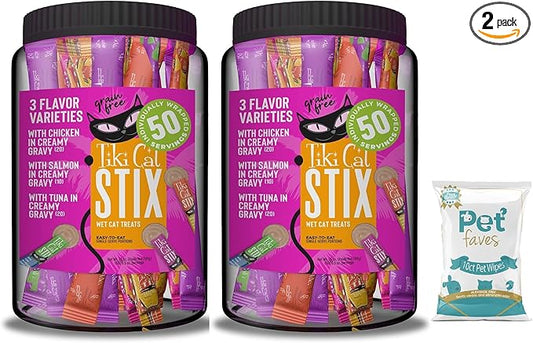 (2 Jar) Tiki Cat Stix Mousse Treats, Variety Mega Jar, Single Serve Indulgent Lickable Treat or Dry Food Topper, 50 Count, 25 oz. (0.5 oz./Stick)