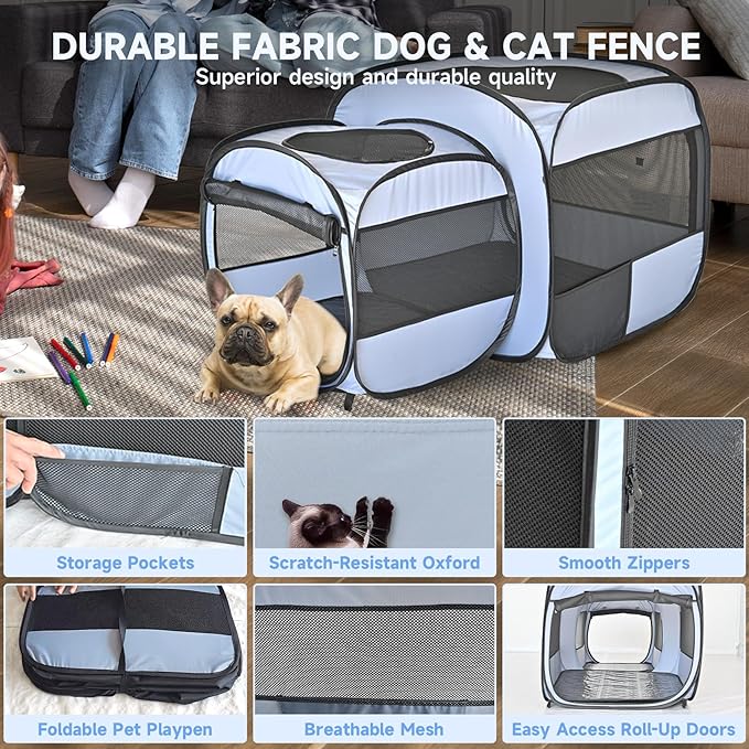 EighteenTek® 2-in-1 Portable Cat Playpen(End Doors), Pop up Kitten Playpen, Assembly-Free, Pet Tent Crates Kennel Cage Enclosure for Dog Puppy Indoor Outdoor(No Divider, Unified Space)