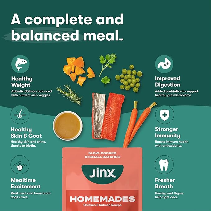 Jinx Salmon Grain Free Wet Dog Food Toppers, Meal or Mix with Dry Dog Food, Made with Real Salmon & Chicken, Bone Broth, No Fillers, Puppy, Adult, Senior, 9oz, 6 Pack