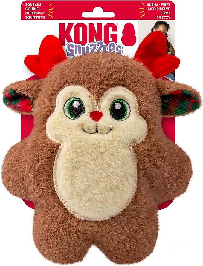 KONG Holiday Snuzzles Dog Toy – Plush Seasonal Characters, Full-Body Squeaker, Soft Holiday Cuddle Toy for Indoor Play (Reindeer, Medium)