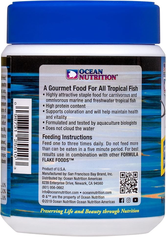 Ocean Nutrition Formula One Flake Fish Food - Natural Ingredient Fish Food Flakes for All Saltwater Tropical Fish - Supports Health & Coloration, Does Not Cloud Water, Made in USA, 2.5 oz (70 g)