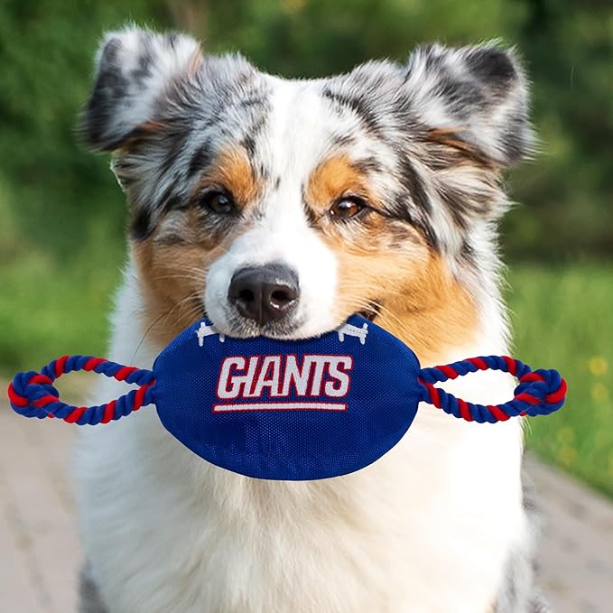 Pets First NFL New York Giants Football Dog Toy, Tough Quality Nylon Materials, Strong Pull Ropes, Inner Squeaker, NFL Team Color