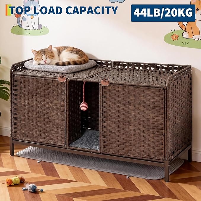 Cat Litter Box Enclosure Furniture, Handwoven Rattan Cat Houses, Hidden Cat Washroom Furniture with Door/Mat, Large Space Cat Houses with S-Shaped Hooks, Living Room, Bedroom, Brown
