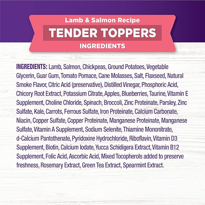 Wellness Bowl Boosters Tender Toppers Dog Food Topper for Small, Medium, and Large Breeds, Grain Free, Natural, Lamb and Salmon Recipe, 8 oz Bag