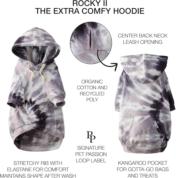 Pet Passion Rocky II - The Extra Plush Comfy Hoodie, Organic Cotton and Recycled Poly Dog Hoodie Pet Coat Sweater for Small, Medium, Large Dogs, Black Tie Dye, Medium (20-45 lbs)