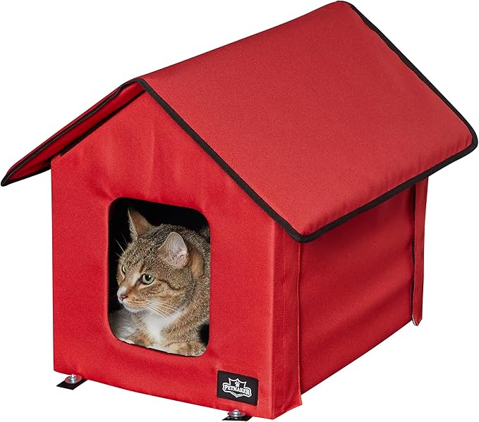 Heated Cat House - Double-Door Cat Bed with Zippered Roof, Pet Heating Pad, and Sherpa Cover - for Garage, Porch, Barn, or Basement by PETMAKER (Red)