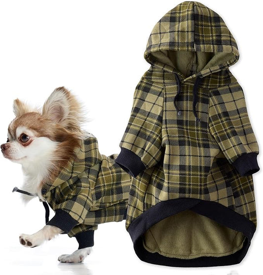 Pet Passion Rocky II - The Extra Comfy Hoodie, Organic Cotton and Recycled Poly Dog Hoodie Pet Coat Sweater for Small, Medium, Large Dogs, Olive Chesterfield Plaid, Small