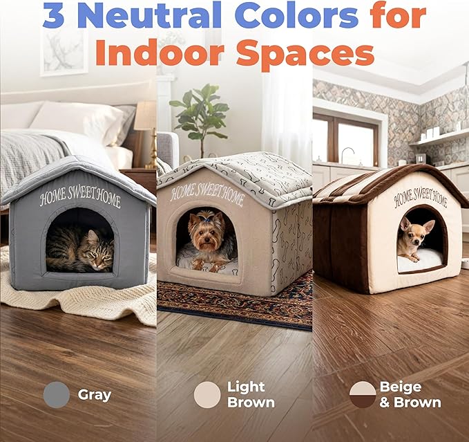 Best Pet Supplies Cat Bed for Indoor Cat, Domed Tent House with Removable Pillow, Covered Cat Cave for Small Dog, Puppies and All Breeds of Cats - Beige w/ Brown Stripes, 16 x 16 x H:14"