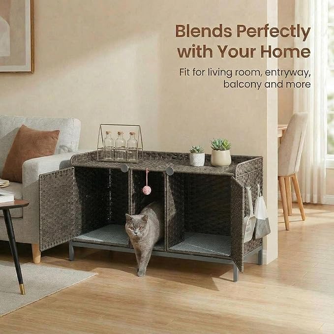 GAOMON Cat Litter Box Enclosure Furniture, Handwoven Rattan Cat Houses, Hidden Cat Washroom Furniture with Door/Mat, Large Space Cat Houses with S-Shaped Hooks, Living Room, Bedroom, Gray