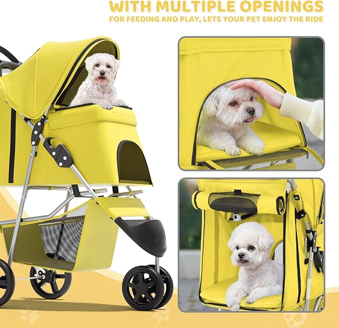 Magshion 3-Wheel Pet Stroller, Foldable Travel Jogger for Small & Medium Dogs & Cats (Up to 33lbs), Lightweight Carrier with Breathable Mesh Cover, Cup Holder & Storage Basket, Yellow