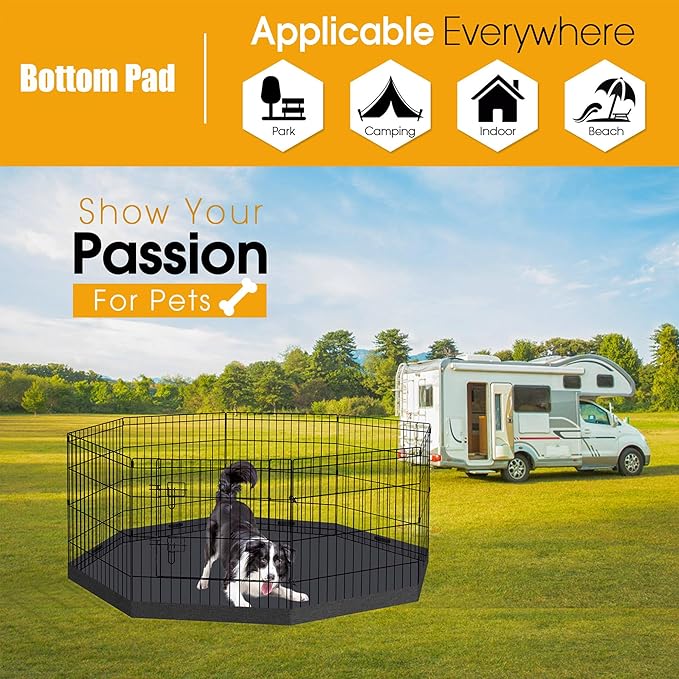 Dog Pet Playpen 8 Panel 24 Inch with Bottom Pad for Small Medium Pets Indoor Outdoor (Black Bottom Pad)