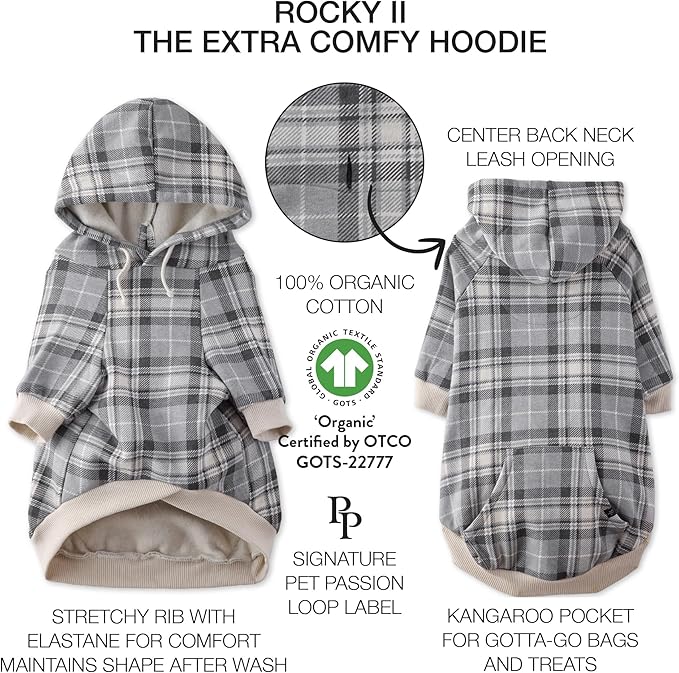 Pet Passion Rocky II - The Extra Comfy Hoodie, Organic Cotton and Recycled Poly Dog Hoodie Pet Coat Sweater for Small, Medium, Large Dogs, Gray Chesterfield Plaid, Large