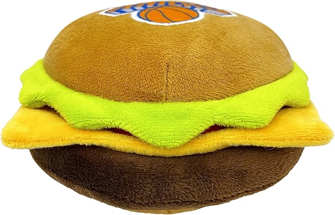 Pets First NBA New York Knicks Cheese Burger Plush Dog & CAT Squeak Toy - Cutest Stadium HAMBERGER Snack Plush Toy for Dogs & Cats with Inner Squeaker & Beautiful Basketball Team Name/Logo, Team Color