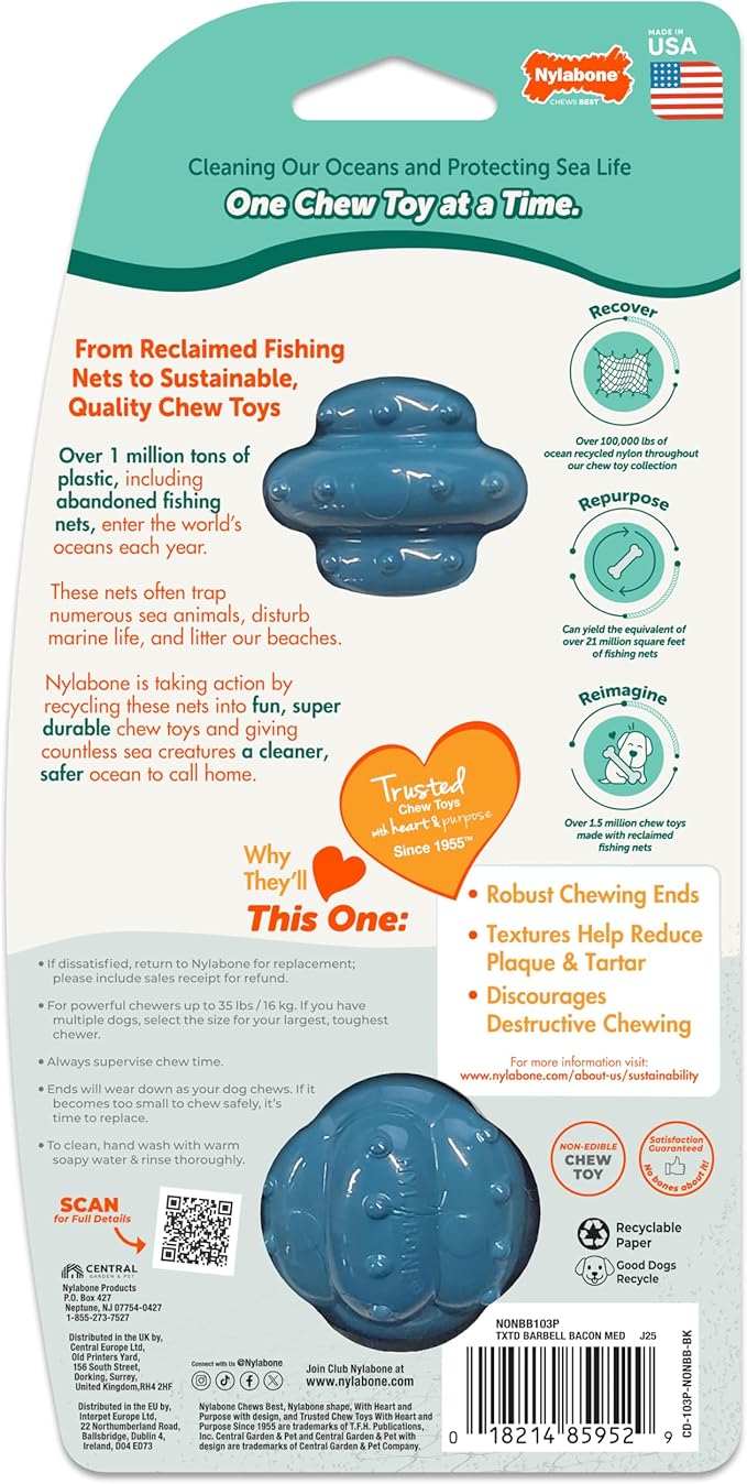 Nylabone Love Our Oceans Textured Barbell Power Chew Toy for Dogs, Recycled & Sustainable Chew Bones for Dogs, Dog Toys Made in USA, Bacon Flavor, Medium Dog Toys - Up to 35 lbs, 1 Count