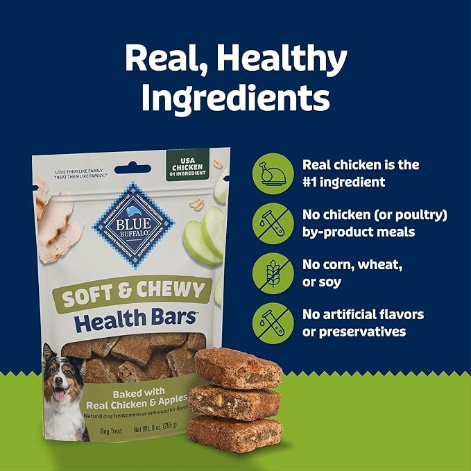Blue Buffalo Soft & Chewy Health Bars, Baked with Real Chicken & Apples, Natural Dog Treats Mineral Enhanced for Flavor, 9 oz. Bag
