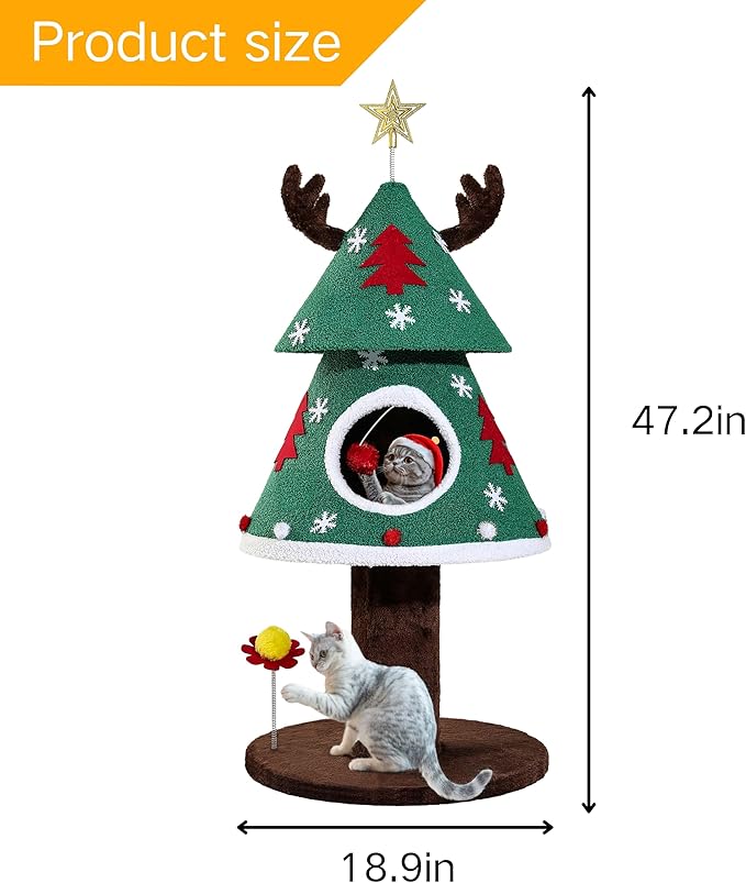 DWVO 47.2in Christmas Cat Tree for Indoor, Cat Tower Cute with Teaser Plaything, Holiday Kitty Climbing Furniture for Kittens to Play and Sleep