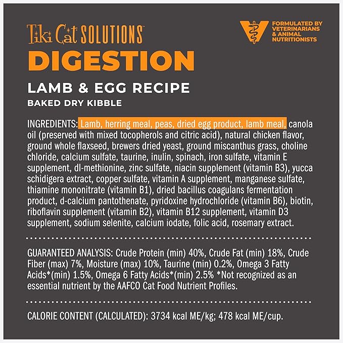 Tiki Cat Solutions Dry Cat Food, Digestion, Lamb & Egg, 2.8 lbs. Bag