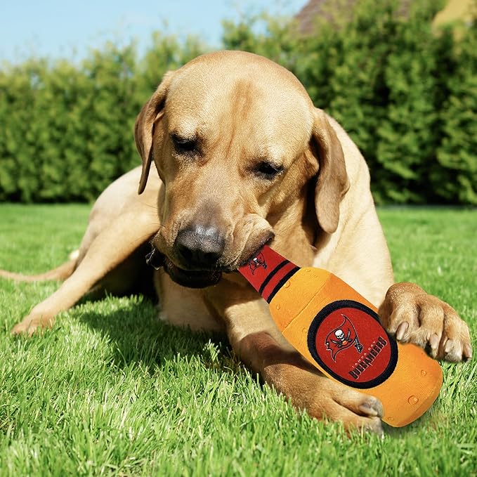 NFL Tampa Bay Buccaneers Beer Bottle Plush Dog & CAT Squeak Toy - Cutest Stadium SODA Bottle Snack Plush Toy for Dogs & Cats with Inner Squeaker & Beautiful Football Team Name/Logo