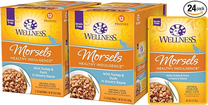 Wellness Healthy Indulgence Morsels Adult Wet Cat Food, Natural, Protein Rich, Grain Free, Turkey and Duck Recipe, 3 oz, Pack of 24 Pouches