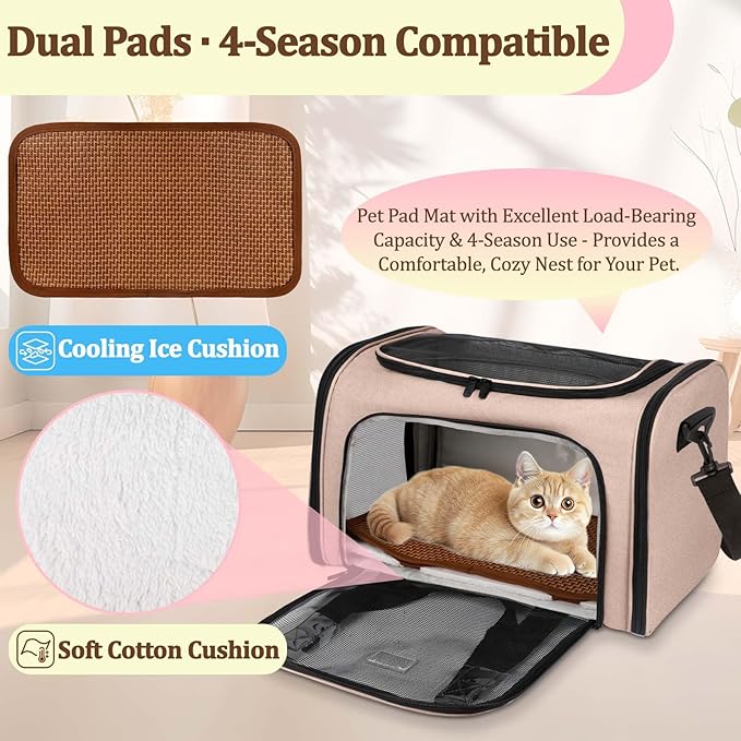 Cat Carrier - Cat Carrier Soft with Plush Pad & Cooling Mat, Easy-Load 4-Side Zipper & 3-Side Mesh Ventilation, Pet Carrier Airline Approved for Cats/Dogs Up to 16 lbs, Brown