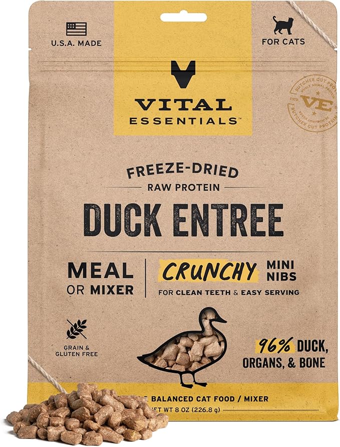 Vital Essentials Freeze Dried Cat Food, Raw Duck Crunchy Mini Nibs | Complete Meal or Topper | 96% Duck, Organs & Bone | Limited Ingredient, High Protein, Grain Free Dry Cat Food | 8 oz Bag