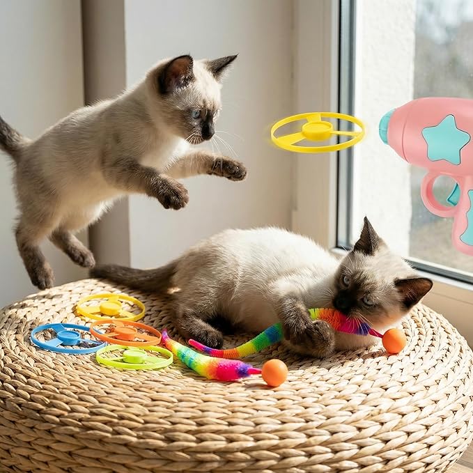 18 Pieces Cat Fetch Toy with Colorful Flying Propellers Set, 3 Colored Elastic Balls,Cat Playing Tracking Interactive Toys for Kitten Indoor and Outdoor Chasing Training Hunting