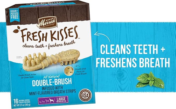 Merrick Fresh Kisses Natural Dental Chews, Toothbrush Shape Treat Infused With Real Mint, For Large Dogs - 4 ct. Bag