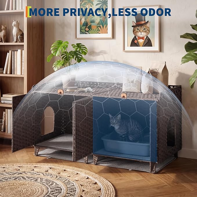 Double Litter Box Enclosure for 2 Cats - Rattan Hidden Cat Furniture with Litter Mat 2 Hooks & Doors, Large Cat House for 2 Litter Boxes, Easy Clean, 47.2" l x 19.7" w x 23.6" h Brown