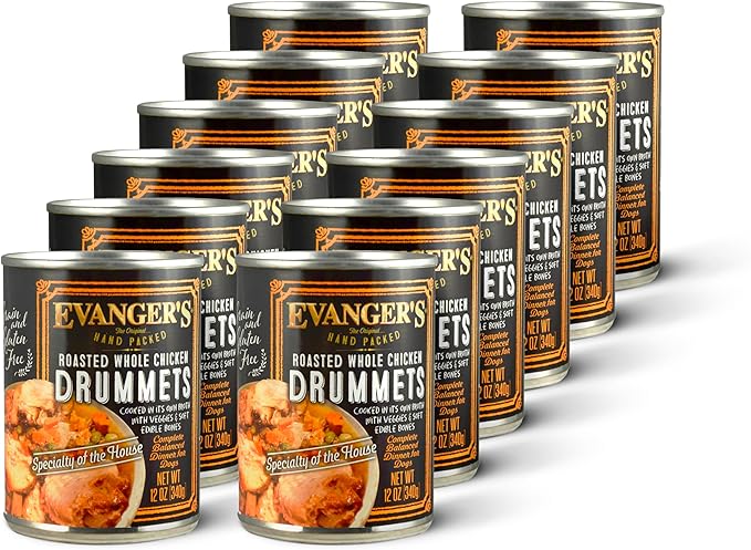 Evanger's Heritage Classics Roasted Chicken Drummets Dinner for Dogs – 12 Count, 12 oz Each – Hand-Packed Whole Chicken Drummets with Carrots & Peas – Grain & Gluten Free Wet Dog Food